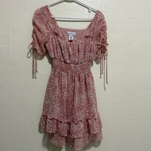 Sweet Storm Pink Floral Smocked Waist Ruffle Mini Dress Small